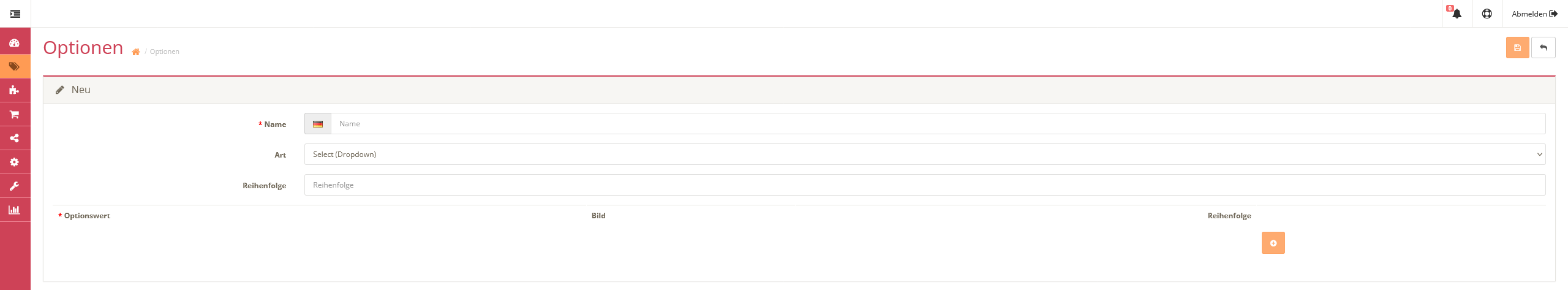Speisekarte Kategorieoptionen