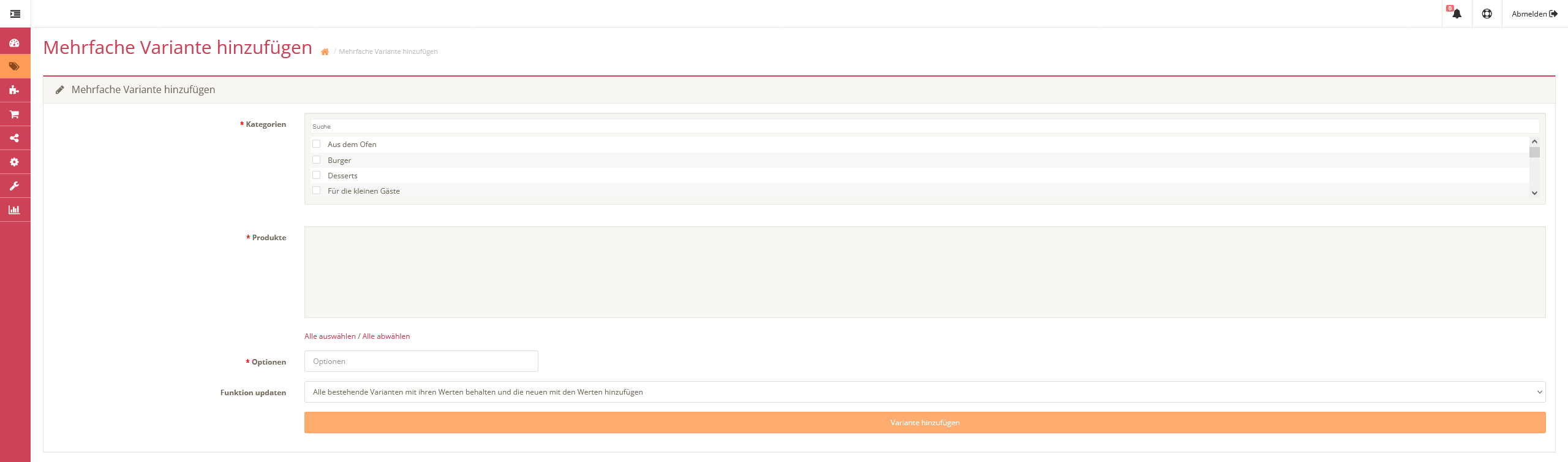 Speisekarten Massenoptionen