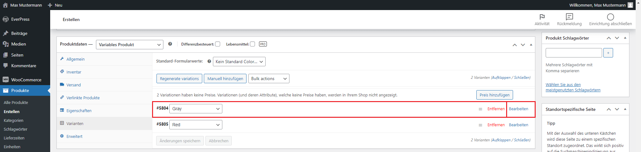 Varianten bearbeiten